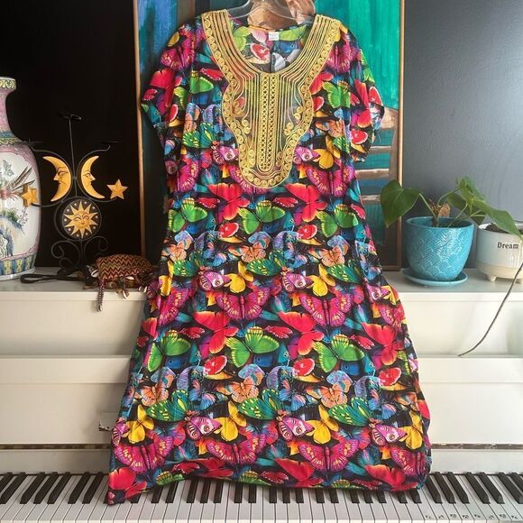 Vibrant Multicolor Maxi Dress with Butterflies and Gold Accents One Size - Picture 1 of 16